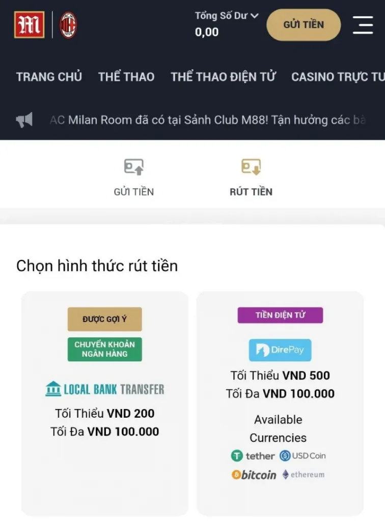 rut tien tai khoan trading M88
