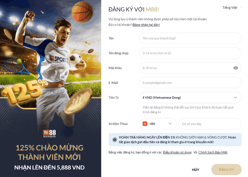 điền thông tin đăng ký M88